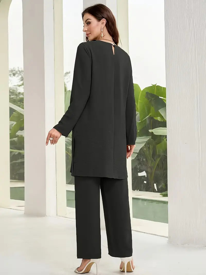 Elegant Women’s 2-Piece Set – Loose Round Neck Long Sleeve Top & Casual Wide-Leg Pants | Cozy Loungewear Outfit, Stylish Two-Piece Suit