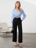 Elegant V-Neck Blouse, Satin Puff Sleeve Top With Buttons, Versatile Fashion