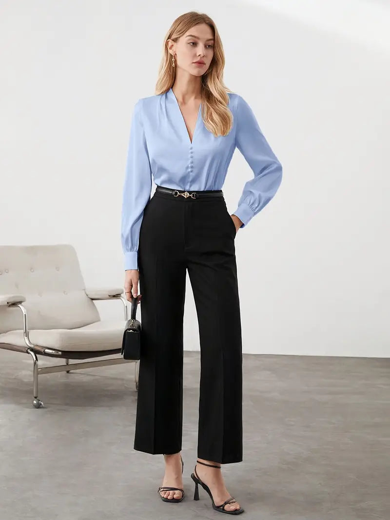 Elegant V-Neck Blouse, Satin Puff Sleeve Top With Buttons, Versatile Fashion