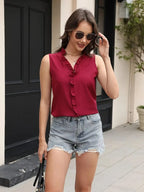 Stylish Sleeveless Ruffle Trim Blouse – European Style Summer Top, Lightweight Casual T-Shirt For Summer Fashion