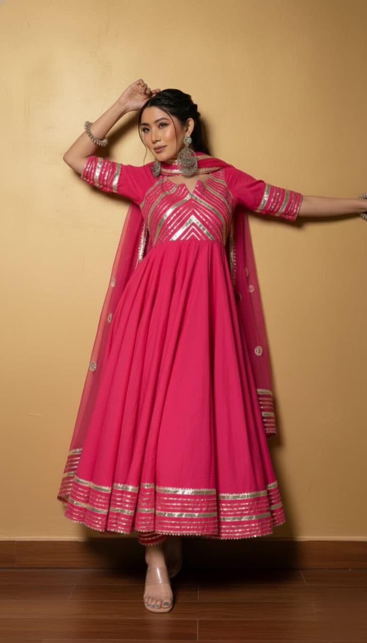 Premium Black Gota Patti Anarkali Pant Set For Women – Silk Long Anarkali With Different Shade Chiffon Dupatta & Embellished Pants.