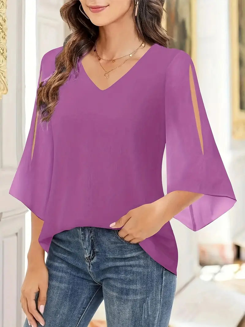 Elegant V-Neck Shirting Blouse, 3/4 Sleeve Top With Double Layer Mesh, Hollow Details, Casual & Formal Blouse