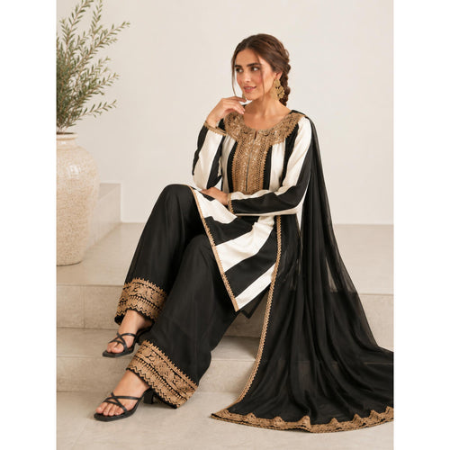 Black & White Striped Linen Suit With Gold Lace