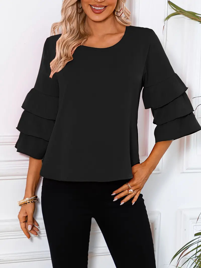 Women’s Fashion Three-Layer Sleeve Top – Elegant Round Neck Blouse, Lightweight, Flowy & Stylish Casual To Semi-Formal Wear Season