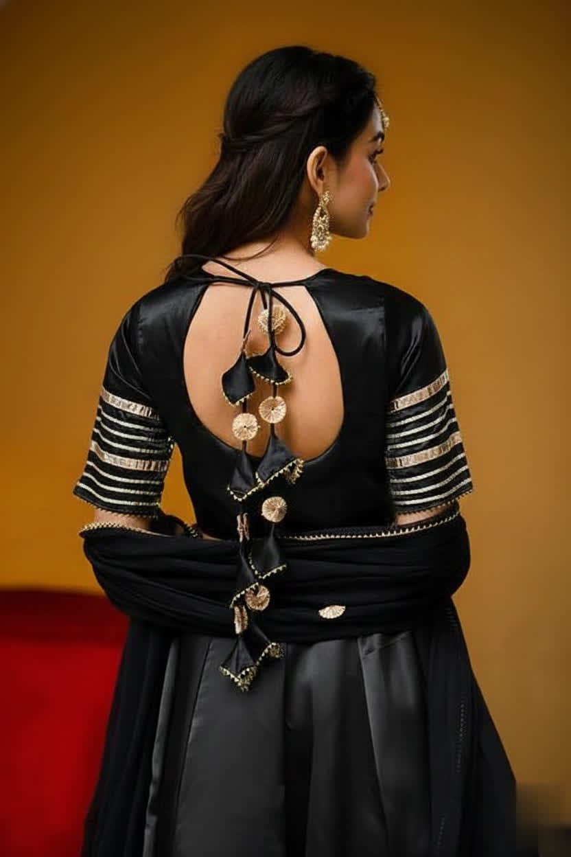 Premium Black Gota Patti Anarkali Pant Set For Women – Silk Long Anarkali With Different Shade Chiffon Dupatta & Embellished Pants.