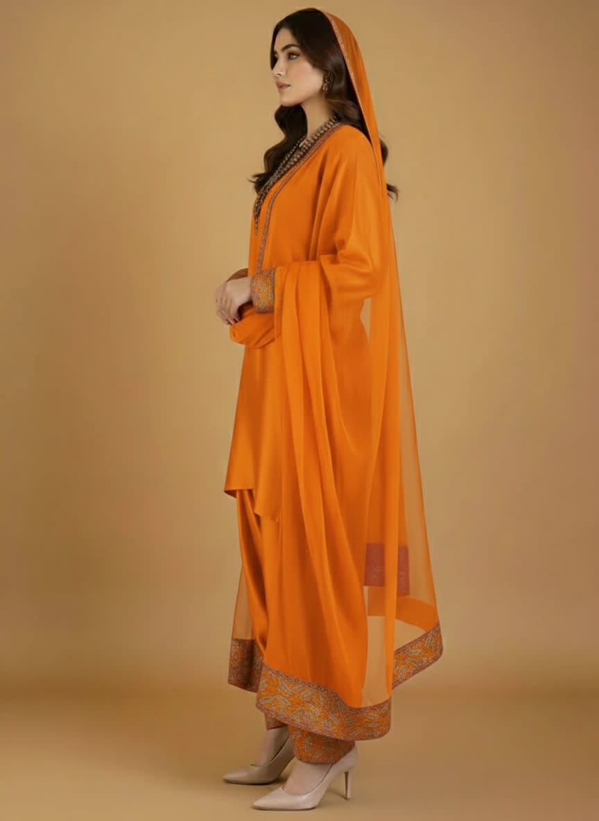 Elegant Three Piece Farshi Shalwar Suit For Women –  Latest Design Eastern Formal Wear