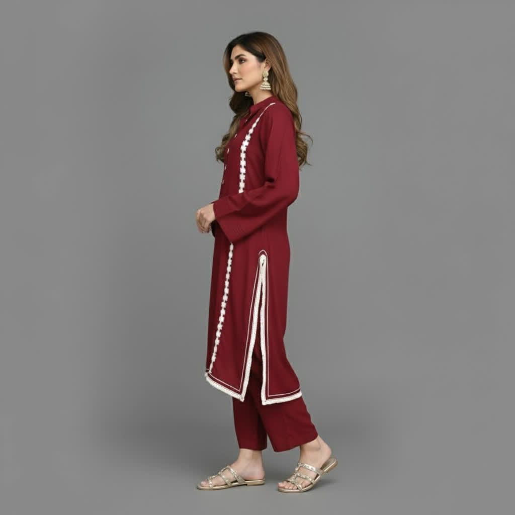Modern Lace Kurta Co-ord Set, Stylish Long Kurta With Florals & Straight Pants With Stand Collar & Decorative Buttons.
