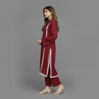 Modern Lace Kurta Co-ord Set, Stylish Long Kurta With Florals & Straight Pants With Stand Collar & Decorative Buttons.
