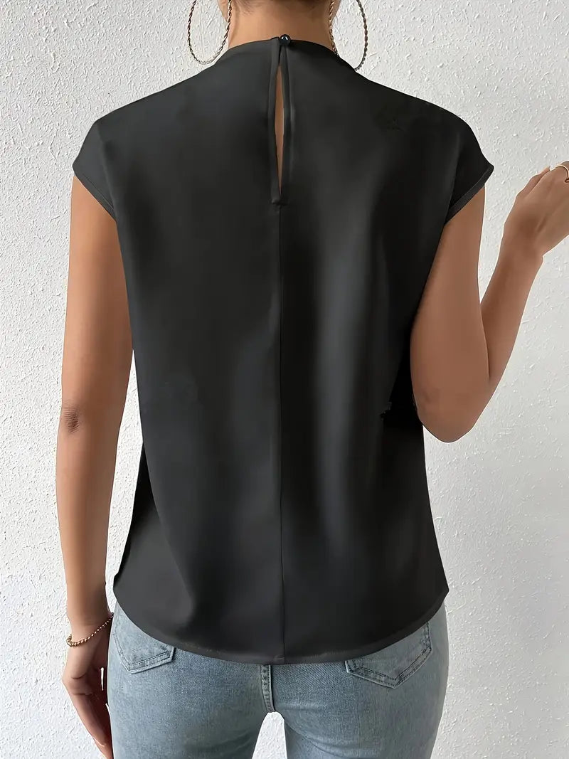 Stylish Black Batwing Sleeve Blouse, Crew Neck Short Sleeve Top With Front Slit, Smooth And Comfortable Top