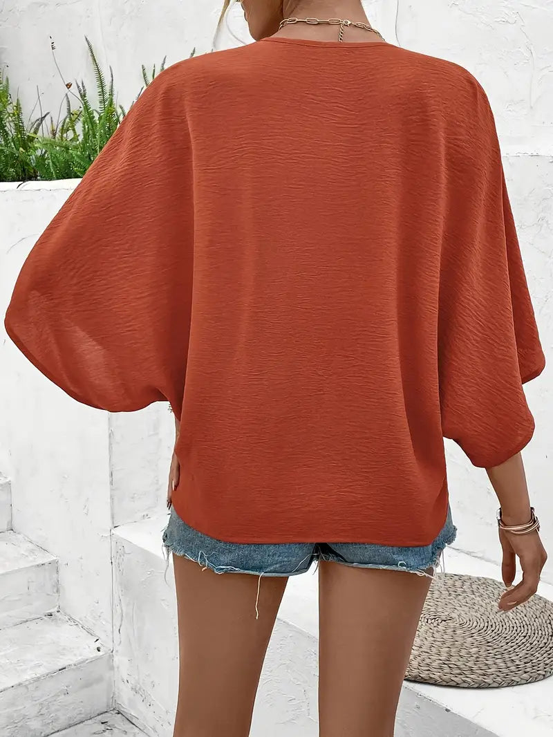V-Neck Batwing Sleeve Blouse, Button-Up Shirt With Front Pockets, Casual Short Sleeve  Blouse For Women