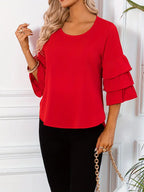 Women’s Fashion Three-Layer Sleeve Top – Elegant Round Neck Blouse, Lightweight, Flowy & Stylish Casual To Semi-Formal Wear Season