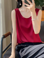 Elegant Low-Neck Sleeveless Tank Top – Semi-Sheer Stretchy Shirt, Layering Piece, Lightweight Top For Casual Wear
