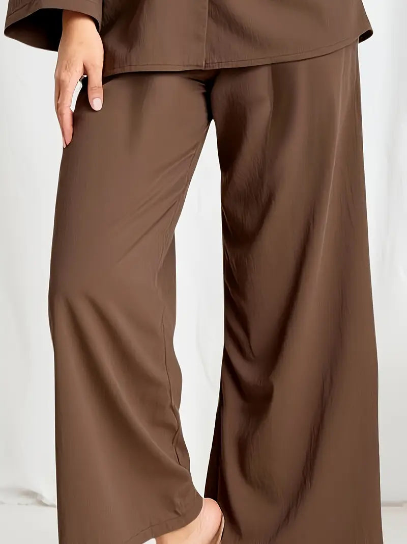 Women’s Elegant Two-Piece Set – Loose-Fit Long Sleeve Button-Up Top & High-Waist Wide-Leg Pants | Flowy Outfit For Casual To Semi-Formal Wear