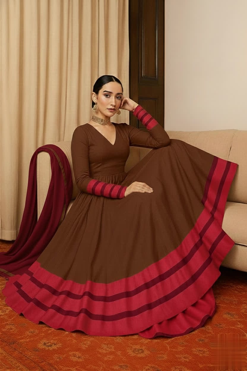 Peach & Red Anarkali Set For Women – Full Flare Long Gown With Contrast Border & Matching Dupatta - Elegant Traditional Outfit With Different Shades.