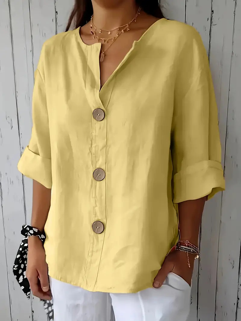 Classy Loose-Fit Blouse, Round Neck Short Sleeve Top With Decorative Button Details, Relaxed Fit, Everyday & Leisure Outfits