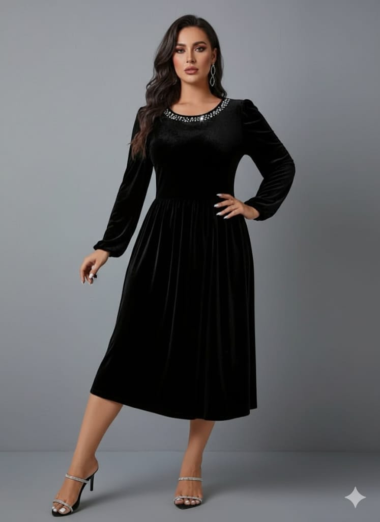 Elegant Black Dress For Women – Curve-Hugging Maxi Gown With Pearl Bead Accents, Round Neckline, Flowy Skirt And Stretch Fabric