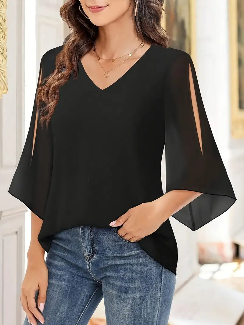Elegant V-Neck Shirting Blouse, 3/4 Sleeve Top With Double Layer Mesh, Hollow Details, Casual & Formal Blouse