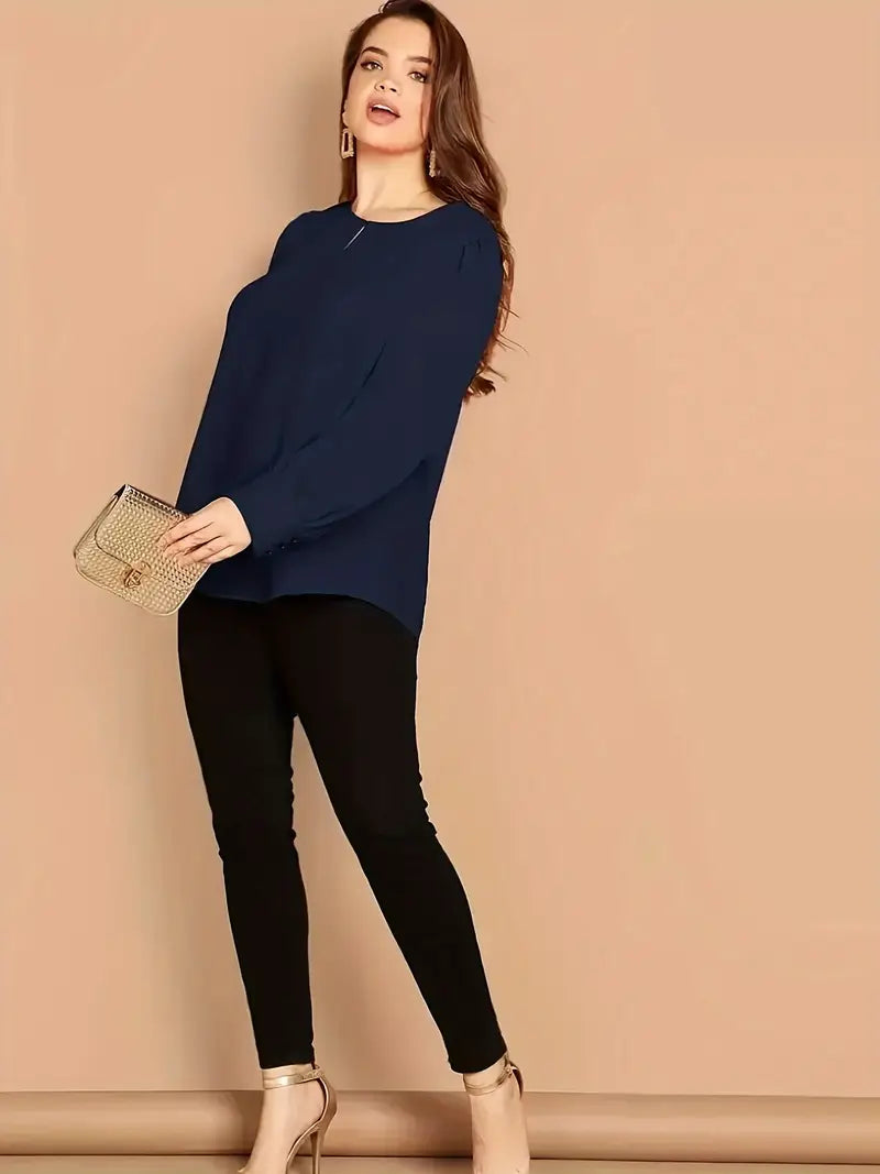 Versatile Long Sleeve Blouse For Women, Round Neck, Button-Up, Casual To Corporate Style