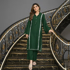 Modern Lace Kurta Co-ord Set, Stylish Long Kurta With Florals & Straight Pants With Stand Collar & Decorative Buttons.