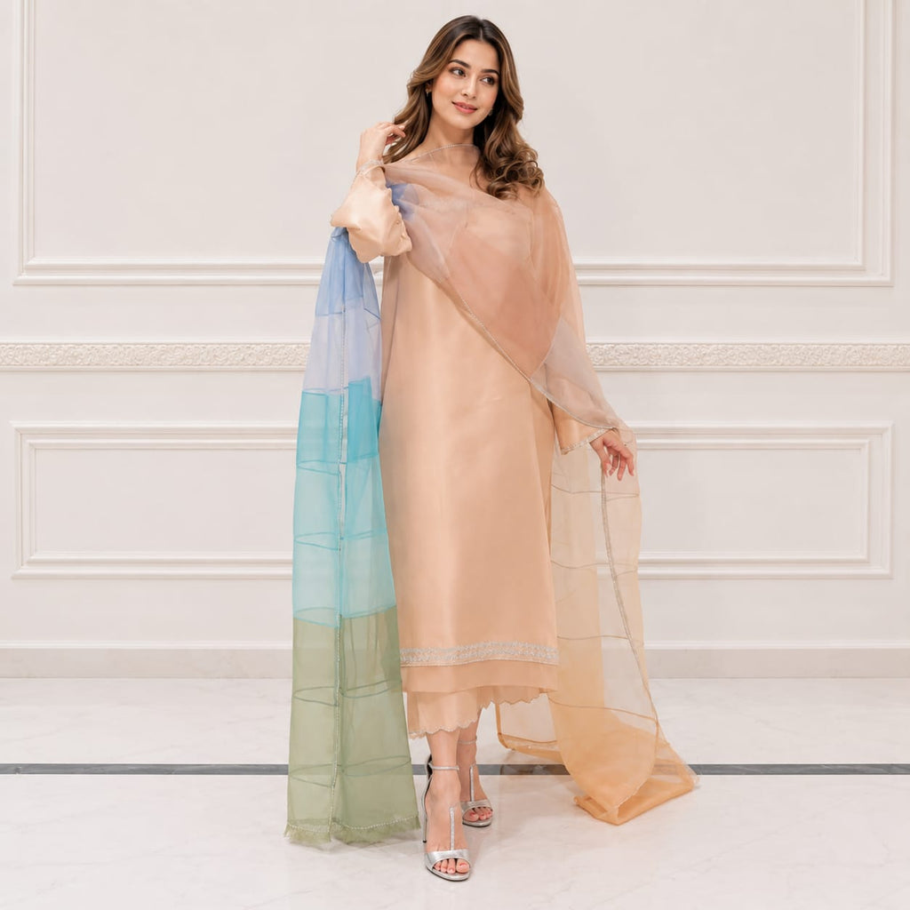 Pastel Baby Pink Luxury Pret Suit With Rainbow Ombre Dupatta
