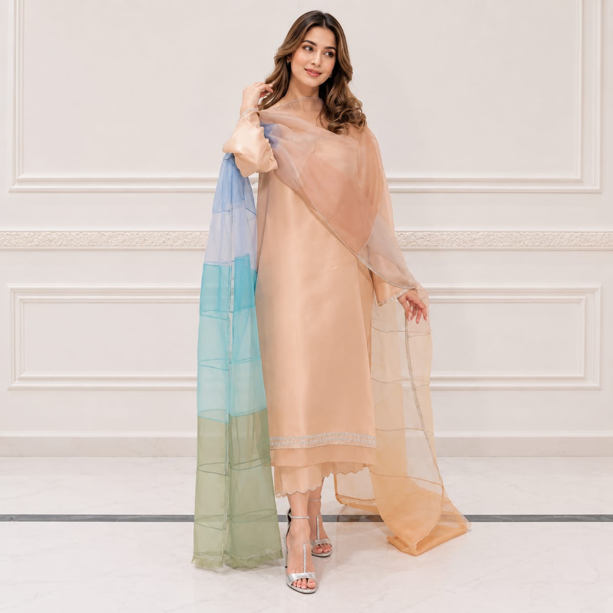 Pastel Baby Pink Luxury Pret Suit With Rainbow Ombre Dupatta