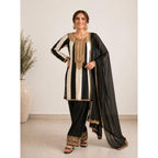 Black & White Striped Linen Suit With Gold Lace