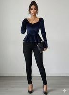 Elegant Velvet V-Neck Long Sleeve Top – Soft Button-Up Shirt With Ruffled Hem