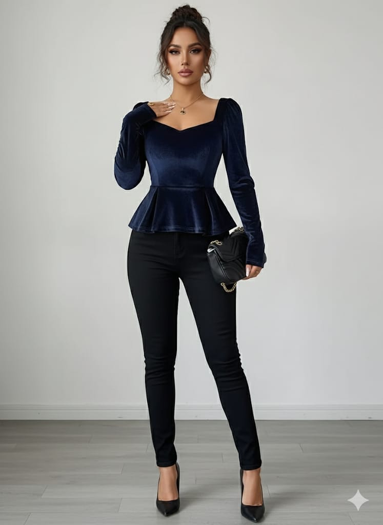 Elegant Velvet V-Neck Long Sleeve Top – Soft Button-Up Shirt With Ruffled Hem