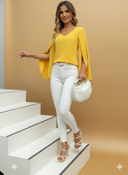 Elegant V-Neck Blouse, Vibrant Yellow Long Sleeve Top, Lightweight, Shirt For Casual & Formal Fashion