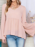 Elegant V-Neck Blouse with Adjustable Tie & Bell Sleeves, Non-Stretch Fabric, Stylish Feminine Blouse