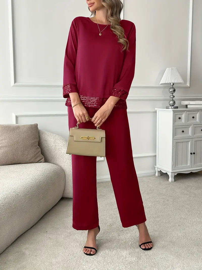 Elegant Two-Piece Set – Long Sleeve Lace Stitching Top & Matching Pants |Stylish, Comfortable and Classy Fashion Set