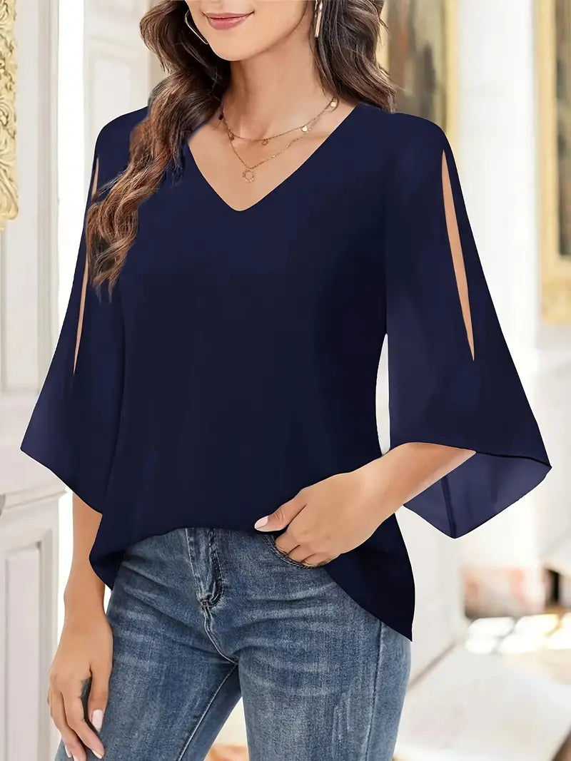 Elegant V-Neck Shirting Blouse, 3/4 Sleeve Top With Double Layer Mesh, Hollow Details, Casual & Formal Blouse