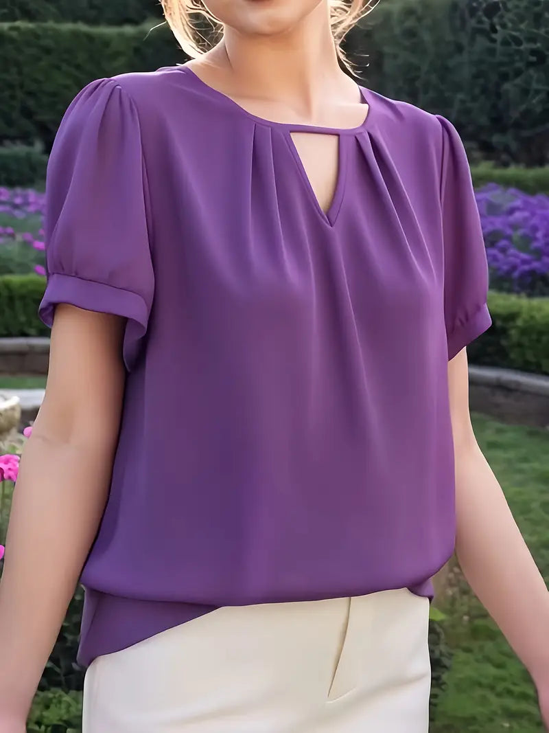 NISWA STYLE Women’s V-Neck Blouse, Loose Fit Short Sleeve Top With Glossy Fabric, Vintage Style