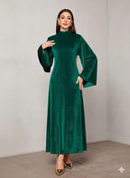 Elegant Full-Length Velvet Maxi Dress For Women, Long Sleeve Gown With Belt, Zipper Back And Tie Detail  Formal Evening Dress
