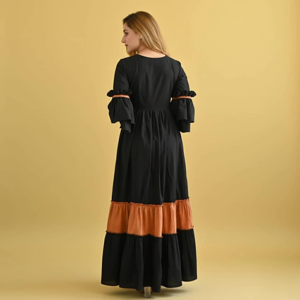 Black Rust Tier Cotton Dress – Elegant Long Flowy Dress - Soft Breathable Cotton - Modest Tiered Design - Everyday Casual & Formal Wear