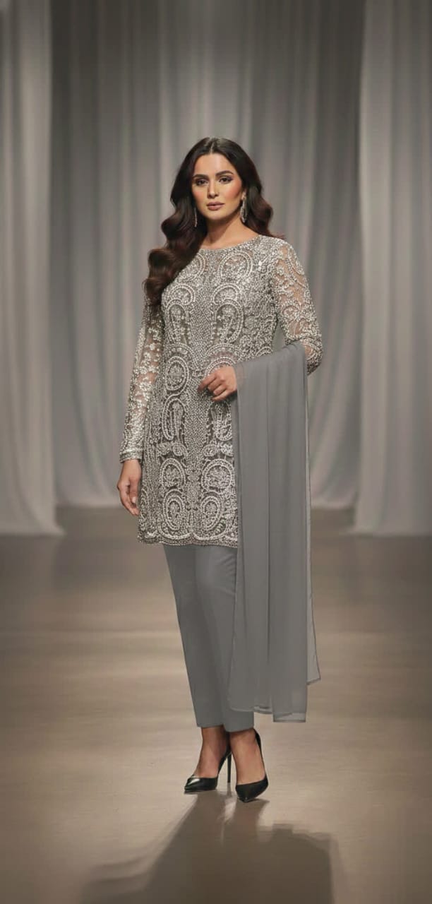 Modern Net Embroidered Short Shirt Suit - Sequins Round Neck Top With Plain Trouser & Dupatta.