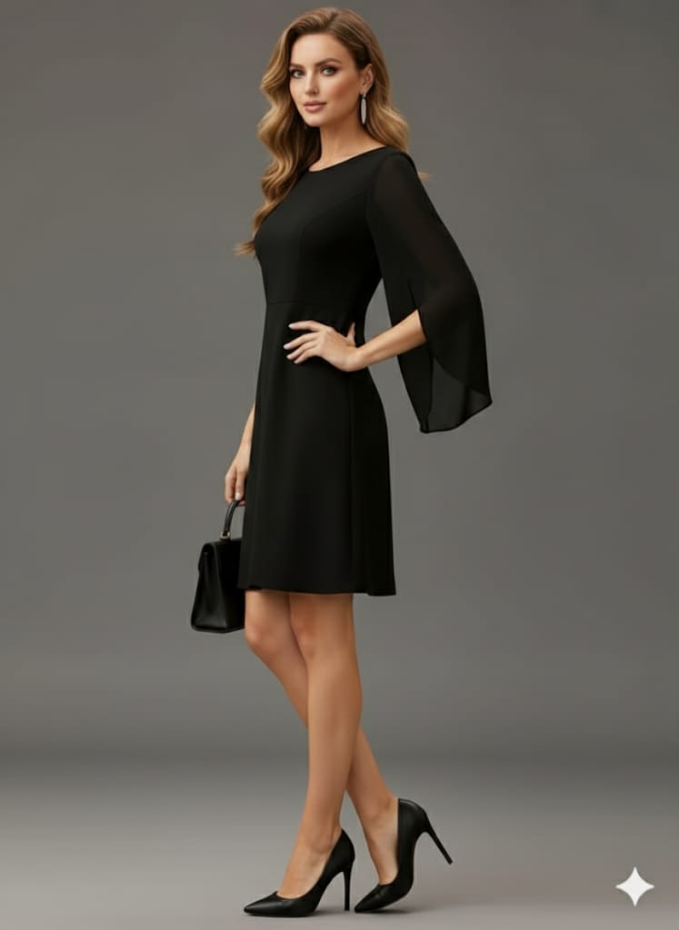 Women’s Elegant Black Puff Sleeve A-Line Maxi Dress –  Long Formal Gown With Round Neck, Flowy Floor-Length Design, Sophisticated Winter Fashion