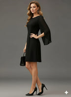 Women’s Elegant Black Puff Sleeve A-Line Maxi Dress –  Long Formal Gown With Round Neck, Flowy Floor-Length Design, Sophisticated Winter Fashion