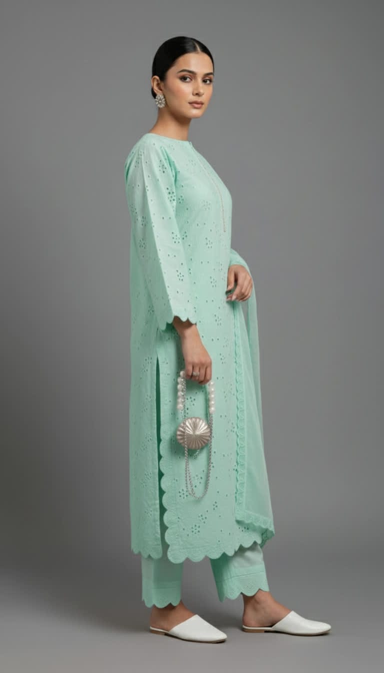 Premium Chikankari Salwar Kameez –  Long Shirt With Scallop Border, Cotton Trouser & Elegant Dupatta - New Light-Shade Collection For Women