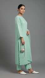 Premium Chikankari Salwar Kameez –  Long Shirt With Scallop Border, Cotton Trouser & Elegant Dupatta - New Light-Shade Collection For Women