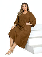 Elegant V-Neck Midi Dress – Lantern Sleeve Flowy Brown Dress | Loose Fit Button Detail Casual Outfit |  Lightweight and Stylish Midi Dress