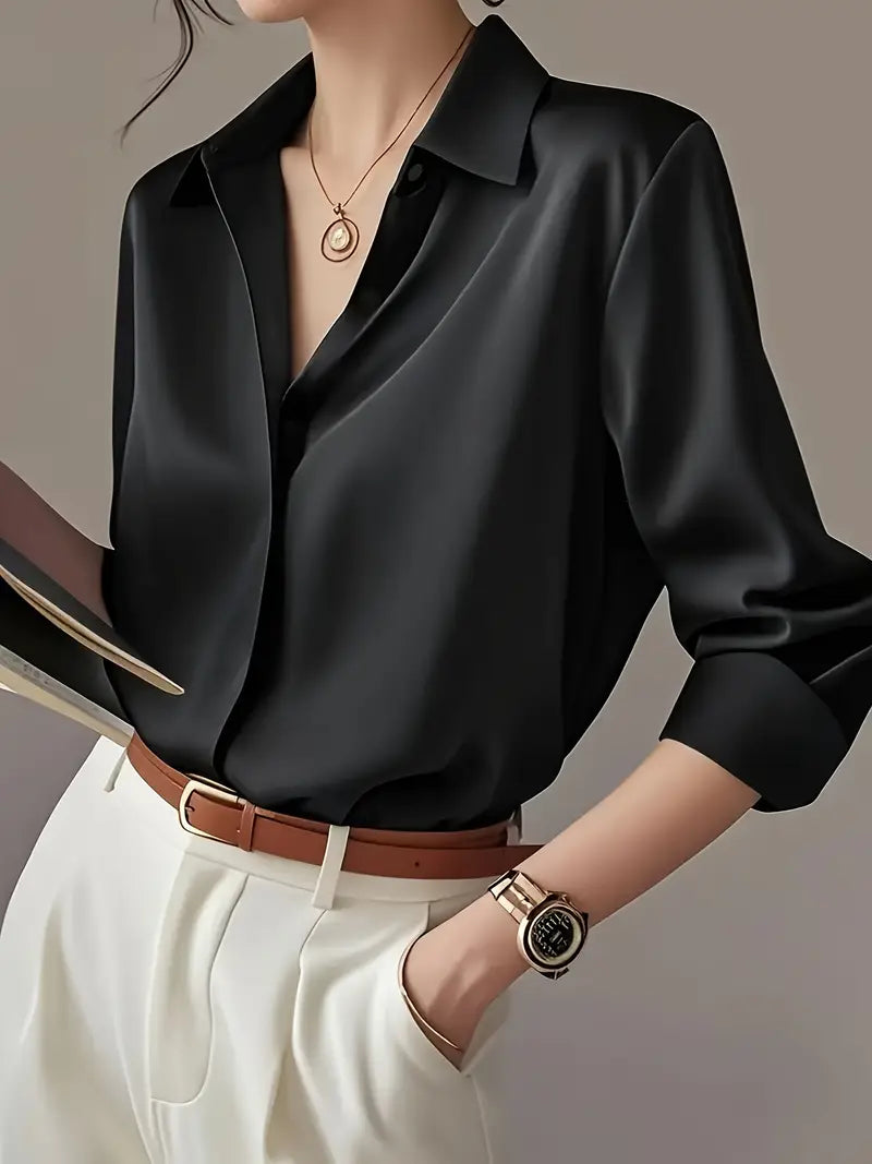 Elegant Long Sleeve Blouse, Classic Solid Color Button-Up Shirt With Lapel Collar, Office And Casual Wear