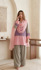 Color Block Lawn Suit Grey, Purple & Pink Short Kurta With Farshi Shalwar & Organza Dupatta