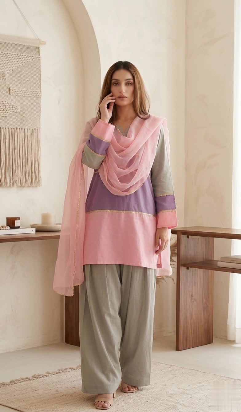 Color Block Lawn Suit Grey, Purple & Pink Short Kurta With Farshi Shalwar & Organza Dupatta