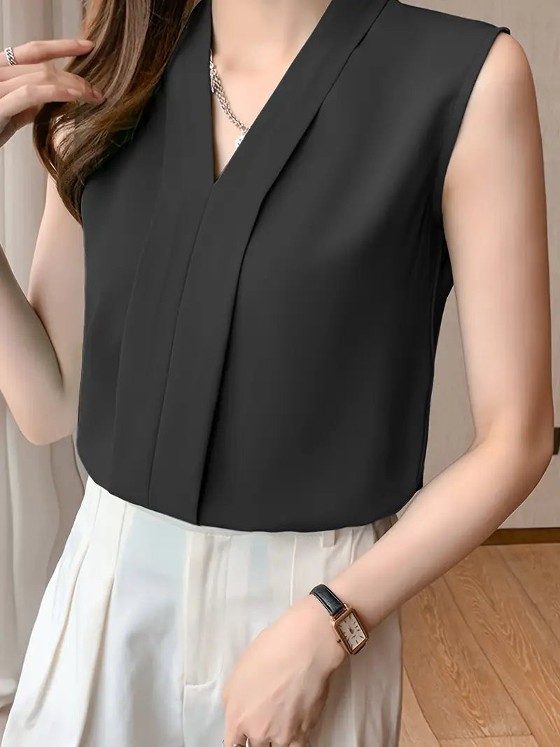 Elegant White V-Neck Chiffon Blouse For Women – Sleeveless, Lightweight Summer Top, Casual And Office Wear Shirt