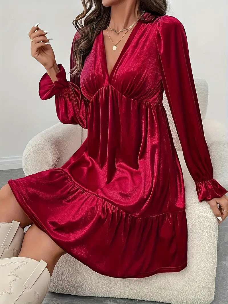 Elegant Burgundy A-Line Mini Dress – Long Sleeve Ruffled Hem Party Dress, Knee-Length Flowy Outfit