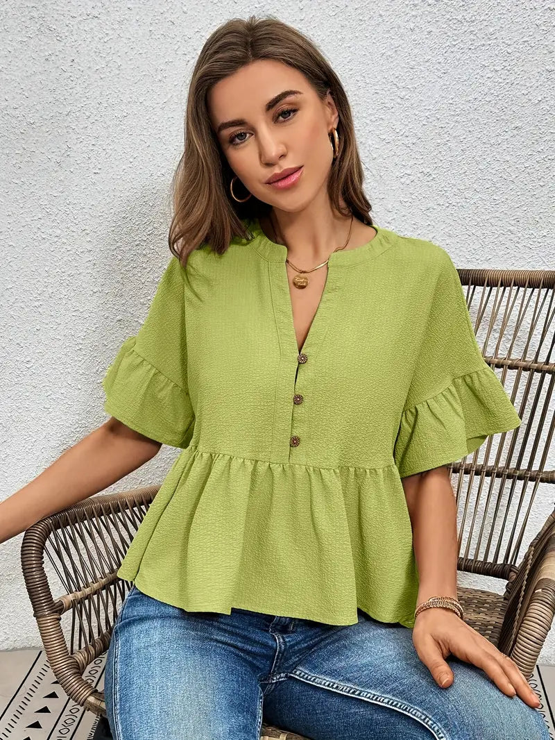 Elegant V-Neck Ruffle Sleeve Blouse – Solid Green Lightweight Top Chic Button Detail Shirt, Non-Transparent Casual Wear