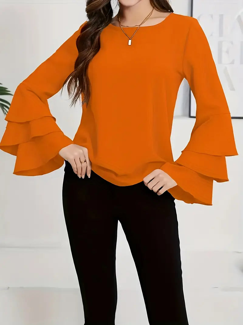 Elegant Layered Flared Sleeve Blouse, Round Neck Long Sleeve Top, Lightweight Structured Fit, Casual & Formal Stylish Shirt