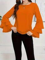 Elegant Layered Flared Sleeve Blouse, Round Neck Long Sleeve Top, Lightweight Structured Fit, Casual & Formal Stylish Shirt