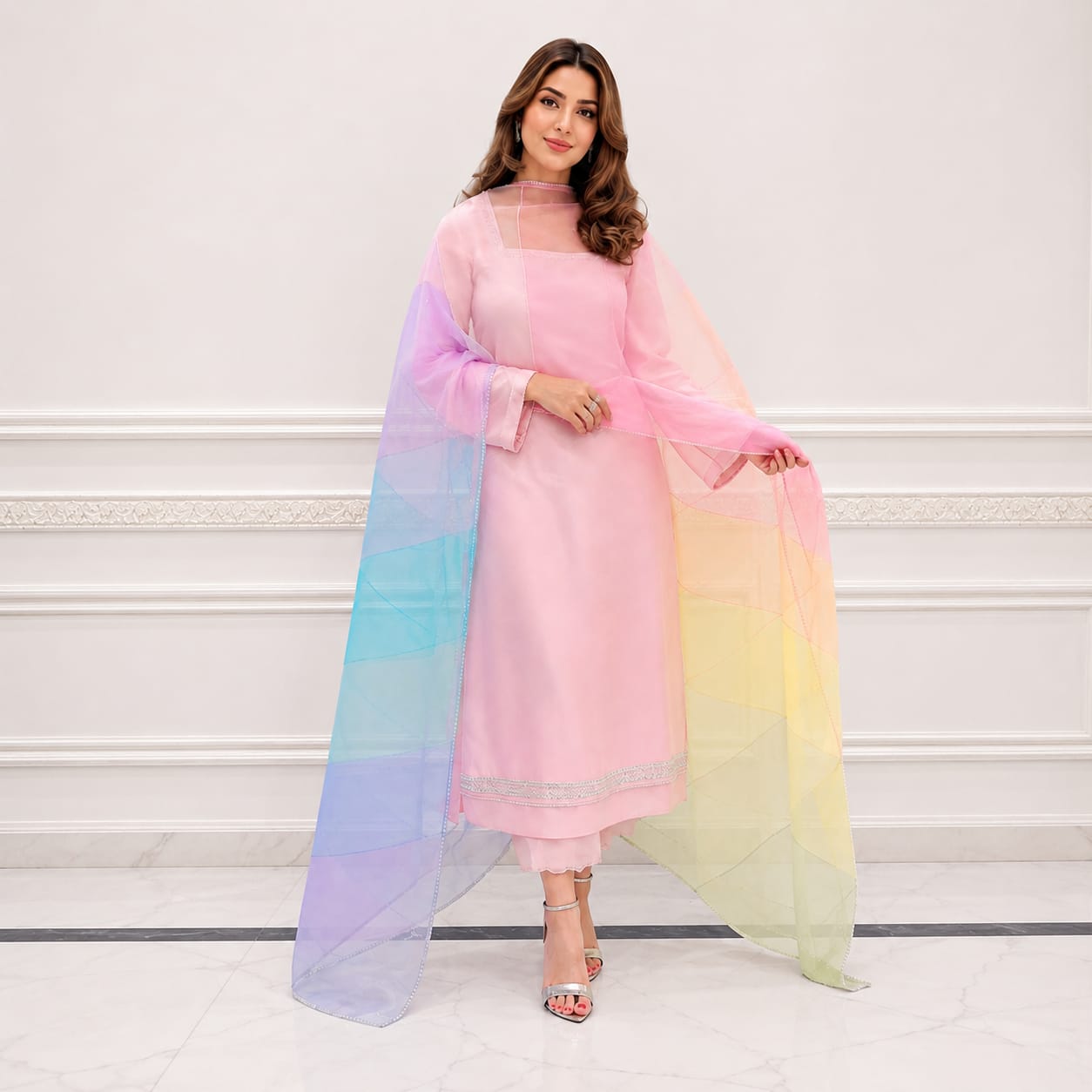 Pastel Baby Pink Luxury Pret Suit With Rainbow Ombre Dupatta